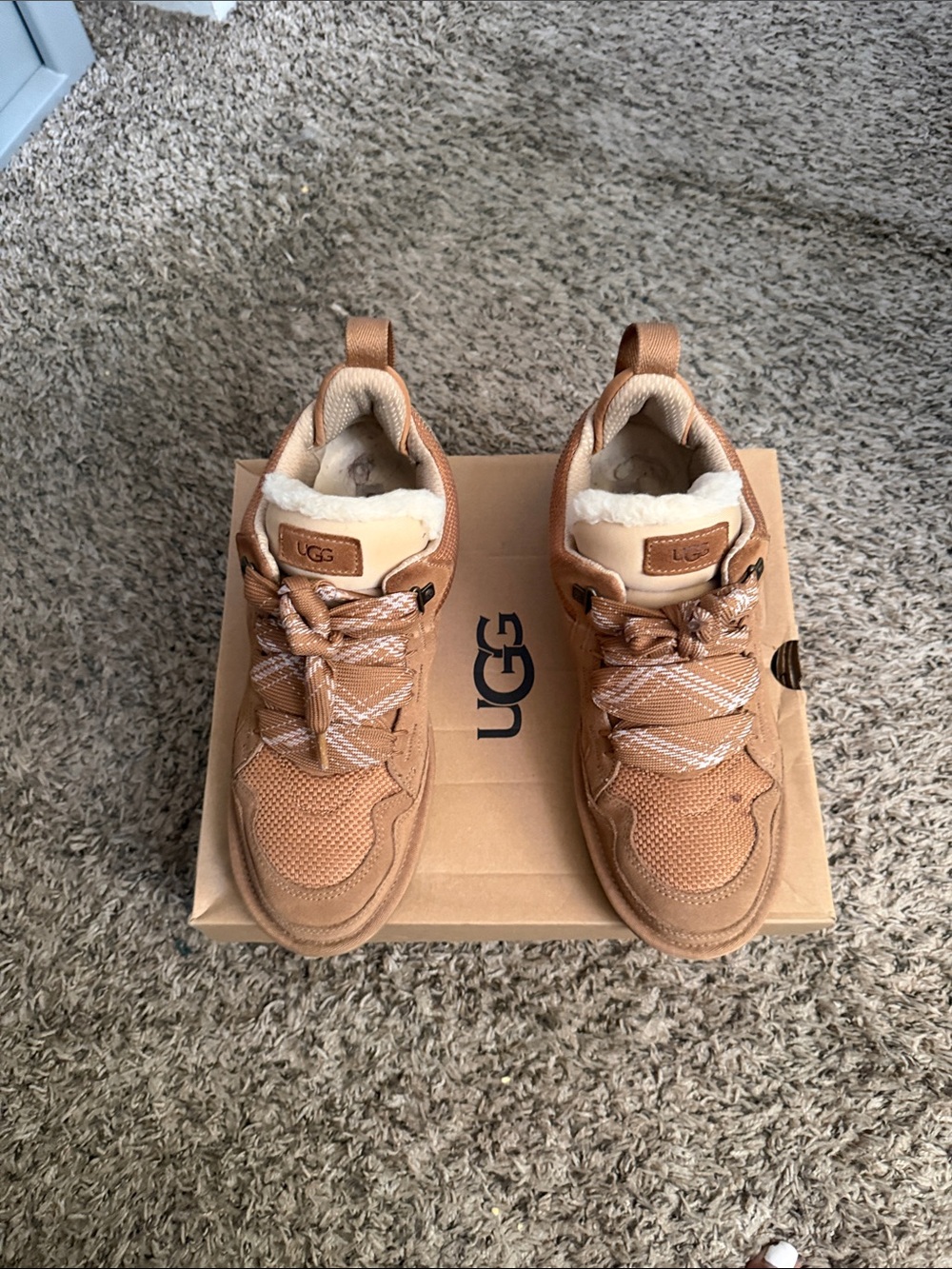 UGG Tan Shearling-Trim Lace-Up Sneakers